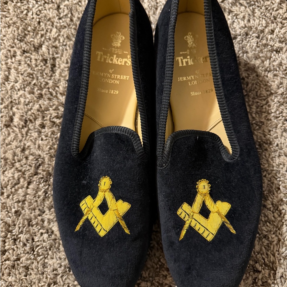 Tricker's Navy Velvet Loafers with Yellow Embroidery
